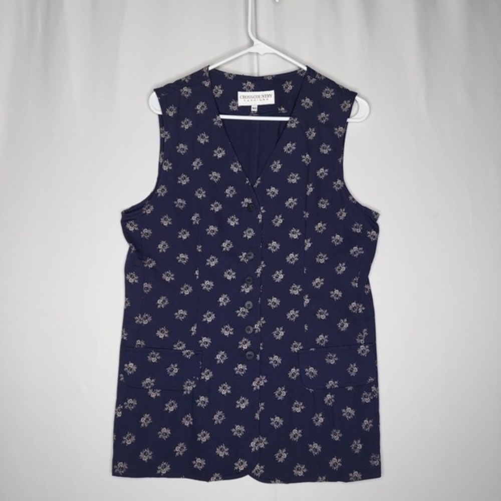 Cross Country Vtg 90s Button Vest Women 10 Navy Floral V-Neck Pocket Cottagecore
